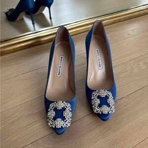 Manolo Blahnik Navy Satin Heels with Crystal Accents
